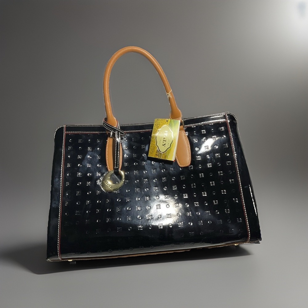 Arcadia Italian XL Tote Black Patent Leather Embossed W/ Crossbody Strap And Bag